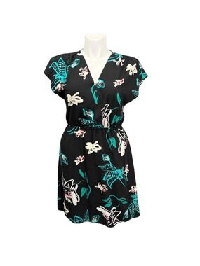 Halogen Floral V Neck‎ Dress Black Teal Short Sleeve Elastic Waist